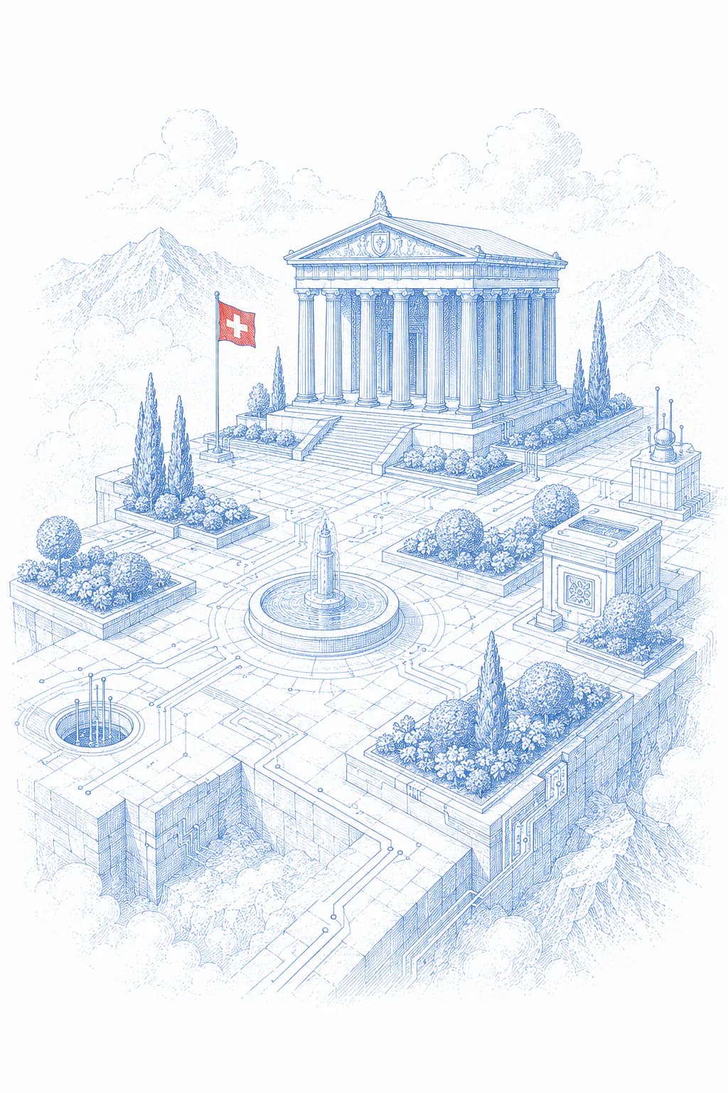 Ein griechischer Tempel auf einer Steinplattform, daneben eine Schweizer Fahne.