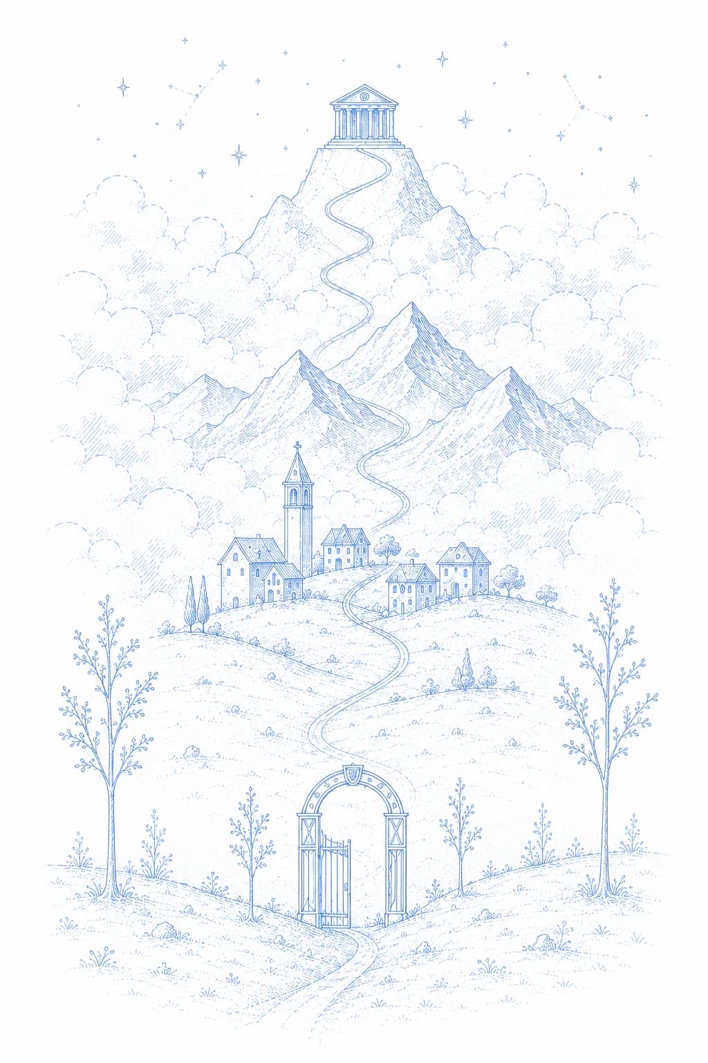 Ein offenes Tor am Fuss eines Wegs, der sich durch Hügel schlängelt, durch ein Dorf führt und dann zu einem Tempel auf dem Berggipfel hinaufsteigt, unter einem Sternenhimmel.